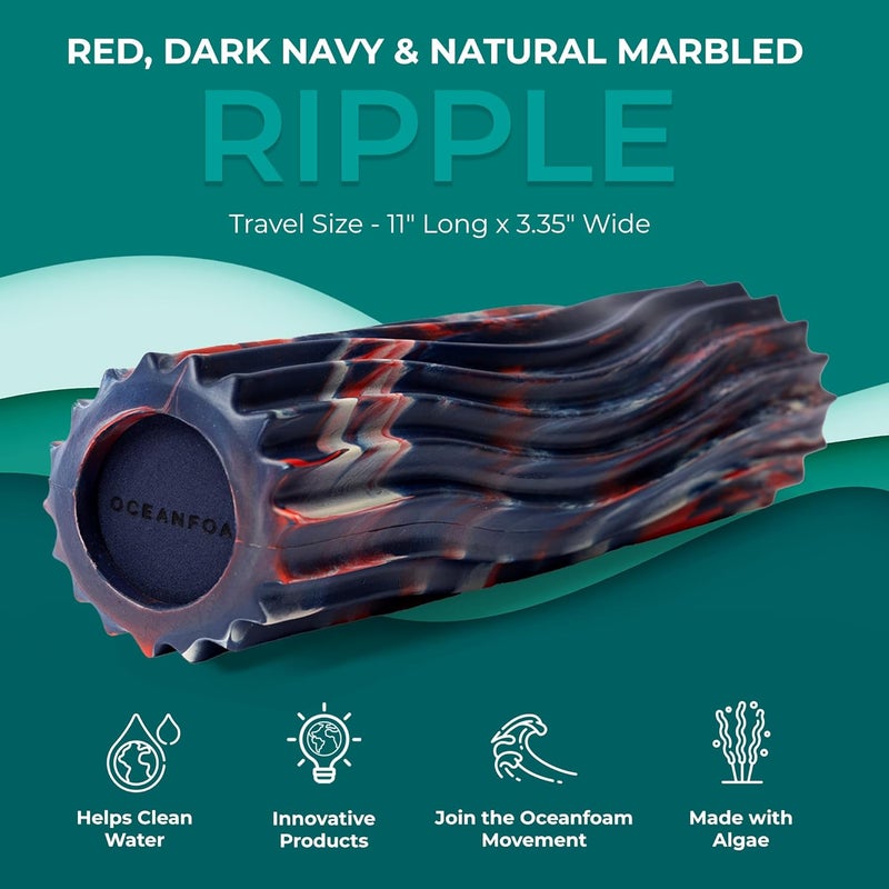 Oceanfoam Ripple Travel Foam Roller (11" x 3.35") Firm Mini Foam Roller for Physical Therapy, Deep Tissue Massage, Back Pain - High Density, Wave Textured - Yoga (Red, Dark Navy & Natural Marbled) - Image 4